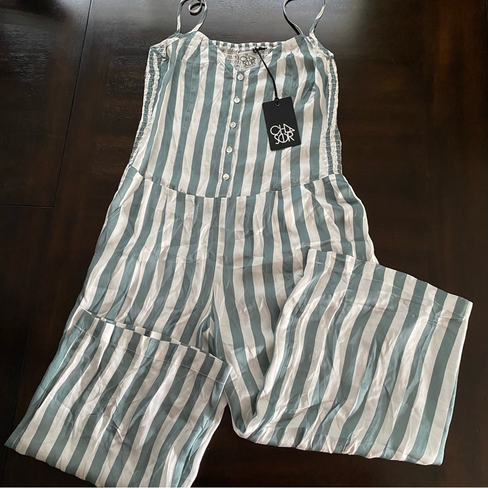 CHASER NWT Green Summer Stripped Button up Jumpsuit Smocked Silky fabric Medium - Picture 1 of 8